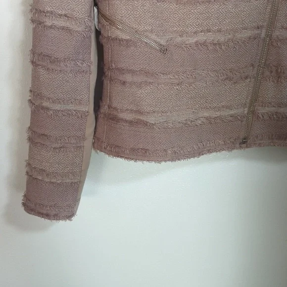 NWOT BCBGMaxAzria Brown Beige Mixed Media Fringe Moto Zipper Jacket Medium - Picture 4 of 7